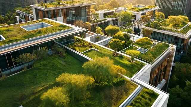 Green Roof Oasis: Aerial view of a modern architectural complex, embracing sustainability with lush green roofs and integrated landscaping, creating a harmonious blend of nature and urban living.