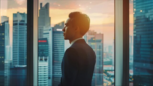 Manager silhouette contemplating city in panoramic office rear view. Calm company ceo in suit thinking looking window alone. Successful professional silhouette dreaming pondering future at workplace.