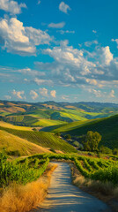 Naklejka premium Lush vineyards, rolling hills, blue sky, sunlight