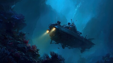 In this deep-sea exploration scene, a high-tech submarine emits a bright searchlight, illuminating a mysterious ancient shipwreck covered in vibrant coral.