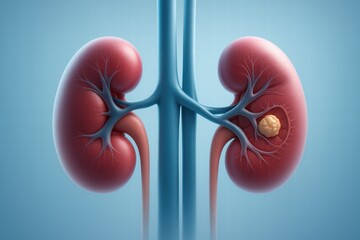 Illustration of Human Kidneys Highlighting Anatomical Structure and Potential Tumor Growth with Detailed Vascularization for Educational Purposes