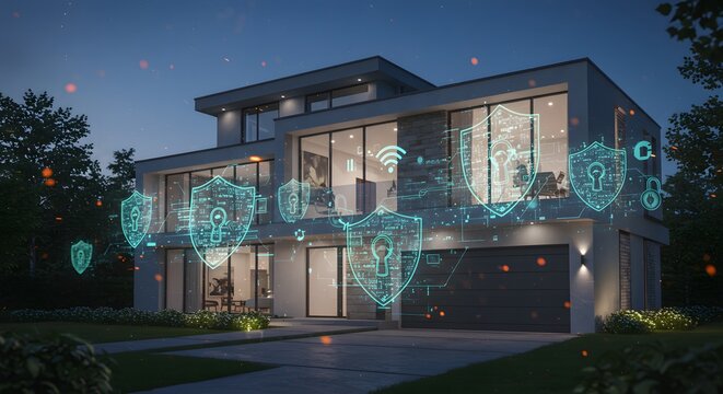 A modern house surrounded by floating digital padlocks and shields, holographic tech elements showing home security systems, futuristic theme - Powered by Adobe
