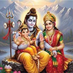 Obraz premium Lord Shiva Holding Ganesha – Parvati Beside in Sacred Himalayas | Ganesh Wallpaper HD, Devotional Family Background