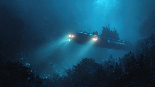 In this deep-sea exploration scene, a high-tech submarine emits a bright searchlight, illuminating a mysterious ancient shipwreck covered in vibrant coral.