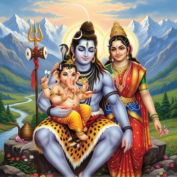 Lord Shiva Holding Ganesha &ndash; Parvati Beside in Sacred Himalayas | Ganesh Wallpaper HD, Devotional Family Background