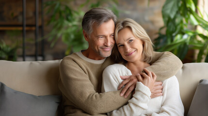 Naklejka premium Middle-aged couple embraces on sofa in warm light