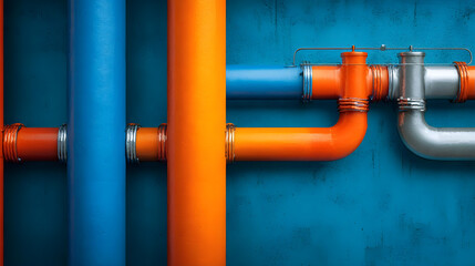 Bright blue and orange pipes intersect on a teal background.