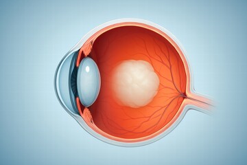 Detailed Illustration of the Human Eye Showing a Transparent Lens with a Focus on the Internal Structures and Surrounding Tissues