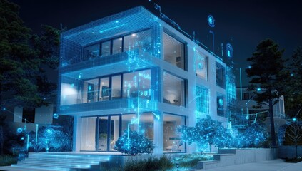 A modern, three-story house at night, illuminated by glowing blue digital schematics suggesting smart home technology integration.  Landscaped grounds surround the structure