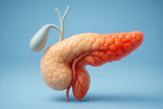 Detailed Illustration of the Human Pancreas and Gallbladder, Showcasing Their Anatomical Structures and Surrounding Features