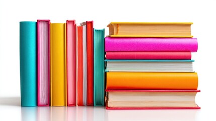 A row of vibrant hardcover books stands beside a colorful stack of books against a stark white background, showcasing a variety of bright hues and sizes