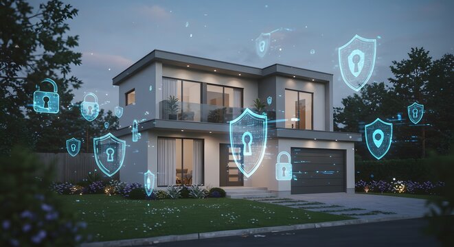 A modern house surrounded by floating digital padlocks and shields, holographic tech elements showing home security systems, futuristic theme