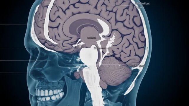 Detailed Medical Illustration of Human Brain Anatomy in Side Profile with Labeled Structures