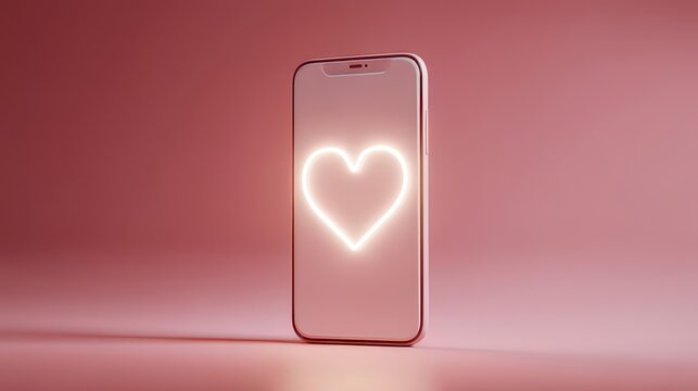 Smartphone showing glowing heart shape on pink background