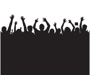  Dynamic silhouette of a cheering crowd with raised hands, symbolizing celebration, unity, excitement, or support at a concert, rally, festival, or energetic public gathering.