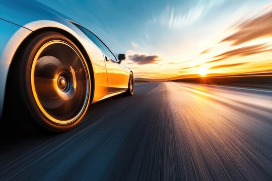 A sleek sports car speeds down a highway at sunset, leaving a motion blur trail.