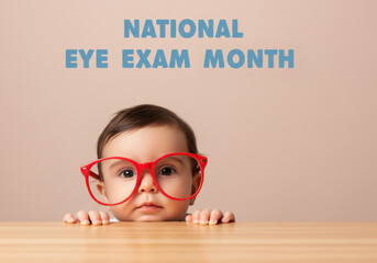 adorable caucasian toddler baby with red glasses peeks over table against beige background. national eye exam month concept. vision health awareness. poster, health campaign.
