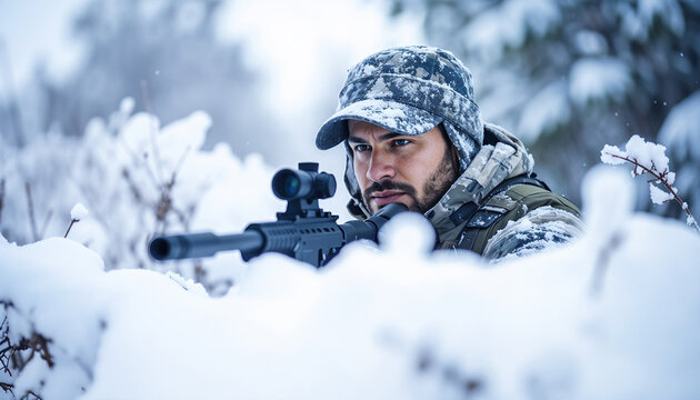 Focused A man Soldier in Camouflage Uniform with Rifle in Snowy Field