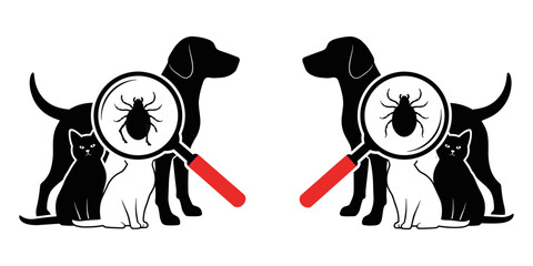Pet flea and tick inspection concept with dog, cat, magnifying glass, parasite control, veterinary care, pet hygiene illustration
