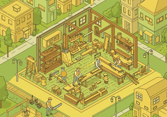 Obraz premium Isometric illustration of a carpentry workshop, showcasing construction and craftsmanship.