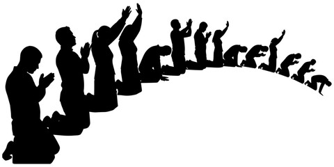 Silhouette of People Kneeling and Praying in Worship, Devotion, Spiritual Meditation, Religious Submission, Peaceful Prayer Sequence on White Background
