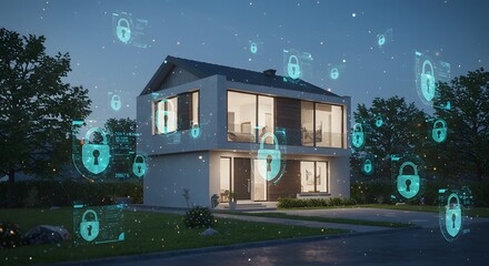 A modern house surrounded by floating digital padlocks and shields, holographic tech elements showing home security systems, futuristic theme