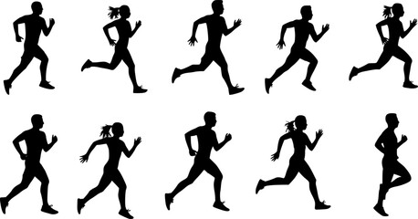 Silhouettes of various people running in different poses. Ideal for fitness, sports, and health-related themes.
