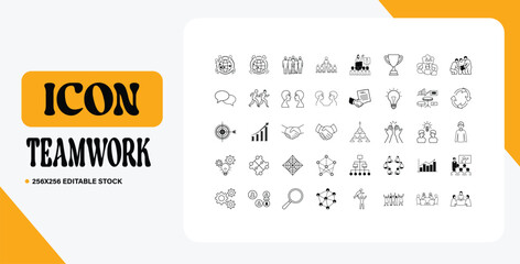 Comprehensive collection of thin line icons representing teamwork, business strategy, and corporate collaboration. Editable and scalable vector graphics.