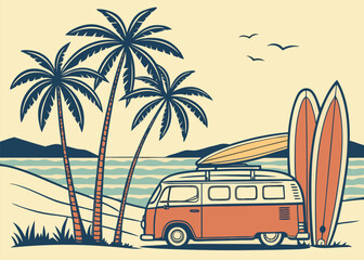 Retro Surfer Lifestyle Illustration with Vintage Beach Van, Palm Trees, Surfboards, and Ocean Scenery