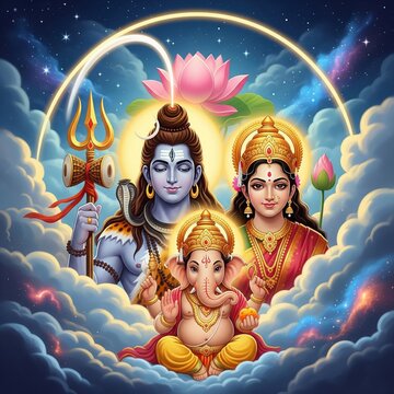 Stylized Shiva, Parvati, and Ganesha with Cosmic Glow &ndash; Ganesh Ji Family Wallpaper HD, Mythological Poster Art