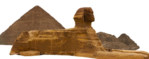 Sphinx against the backdrop of the great Egyptian pyramids. Africa, Giza Plateau.