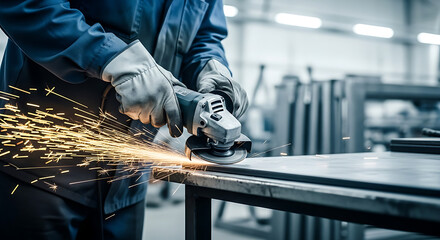 Arbeiter beim Metallschleifen mit Funken und Schutzhandschuhen