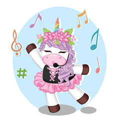 Cute unicorn dancing and singing. cartoon animal concept illustration