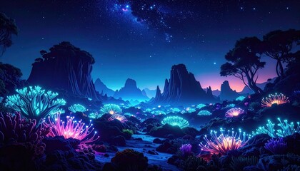 Pixelated Night Landscape With Glowing Flora And Stars