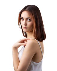 Fototapeta premium Beautiful smiling woman with clean skin, natural make-up and white teeth on a gray background