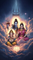 Cosmic Art of Ganesh Ji with Shiva and Parvati – Vertical Mobile Wallpaper | Divine Indian Background