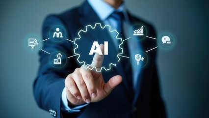 AI, Artificial Intelligence Technology in Digital Workflow. Businessman touches gear icon labeled AI, surrounded by technology icons, illustrating AI integration in digital process workflow.