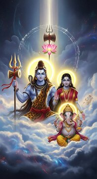 Cosmic Art of Ganesh Ji with Shiva and Parvati &ndash; Vertical Mobile Wallpaper | Divine Indian Background