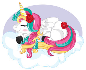 Magic cute unicorn in cartoon style with cloud and red roses. Doodle unicorn sleeping on a cloud. Vector illustration for cards, posters, kids t-shirt prints, textile design.