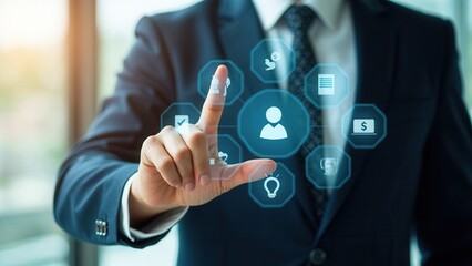 Employee Benefits and Compensation Strategy Concept. Businessman presents employee benefits options on a digital interface. Icons various benefits such as healthcare, insurance.