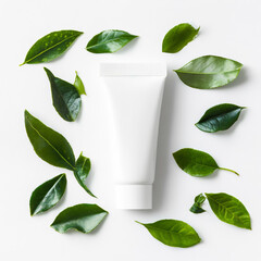 natural skincare facewash with green tea leaves around, white background, minimal design.