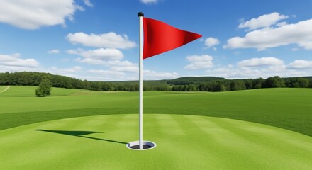 Obraz premium A vibrant golf course scene featuring a red flag waving above the green hole.