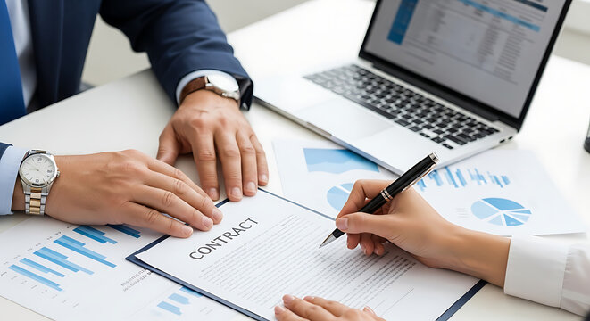 Two business professionals finalizing an agreement by signing a contract document on a desk with financial charts and a laptop.