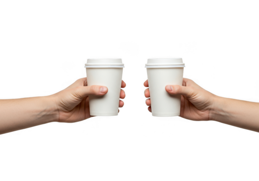 Two hands holding white disposable coffee cups in a toast gesture isolated on transparent background