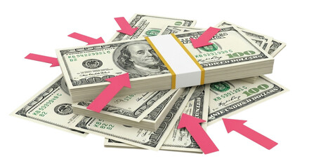 Stack of us dollar bills with red arrows pointing in isolated on transparent background