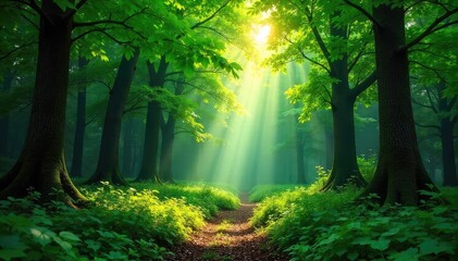 Obraz premium Lush green forest canopy, sunlight filtering through leaves, creating dappled shade on the forest floor Perfect for nature, environment, and ecology themes , ecosystem, ecology, life