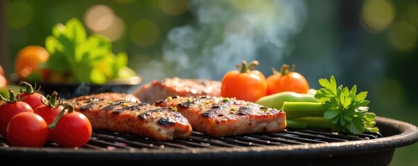 Juicy spring vegetables and succulent meats grilling on a sunny patio, perfect for a seasonal barbecue Enjoy the vibrant colors and delicious aromas of spring grilling , tasty, summer