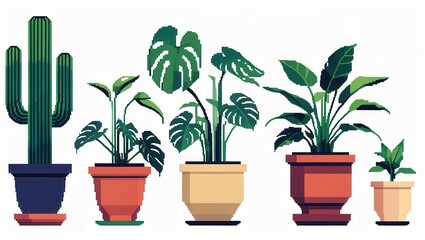 Obraz premium Pixel art collection of potted green houseplants including a tall cactus and monstera plants