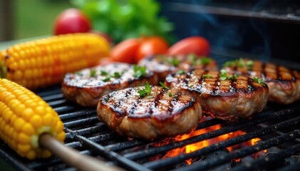 Juicy grilled steaks sizzling on a hot grill, alongside vibrant grilled vegetables and corn on the cob Perfect summer barbecue scene , smoky, outdoor cooking, grilling food