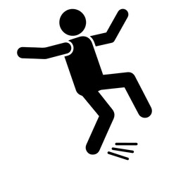 Silhouette vector illustration depicting a stick figure slipping and falling with arms outstretched out on transparent background